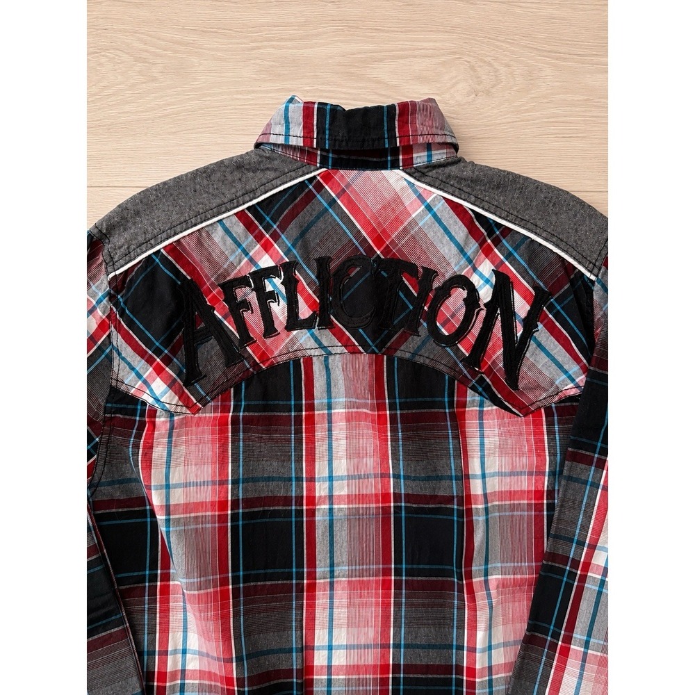 Affliction Black Premium Mens L Red Black Western Plaid Embroidered Y2K - Picture 5 of 6